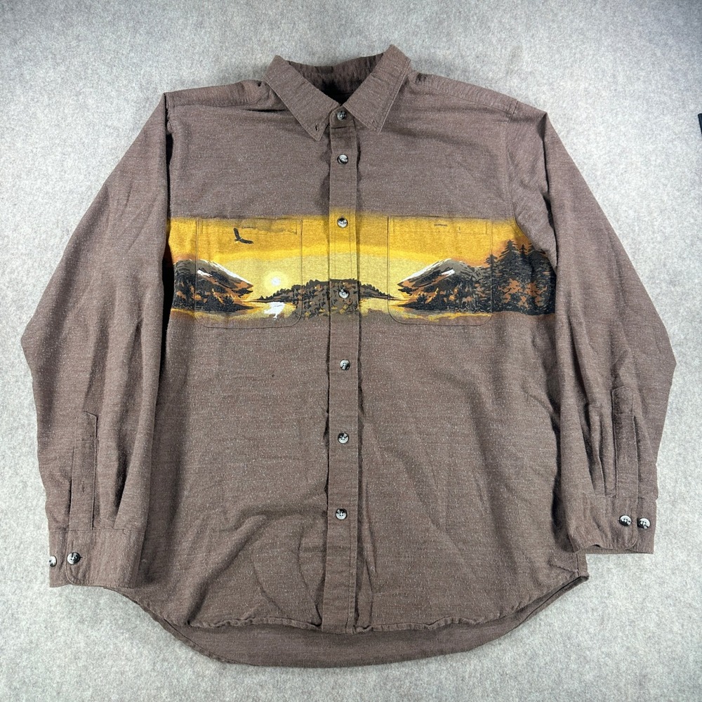 Scandia Woods Mens Scenic Mountain Print Flannel Shirt Brown Size Large Tall